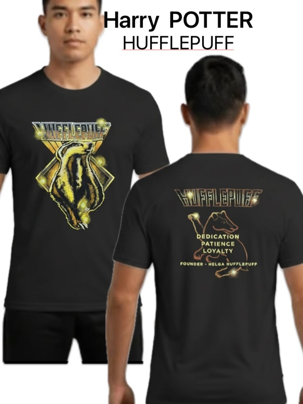 Harry Potter Hufflepuff Crest Graphic T-Shirt Traits Back Print Black Small